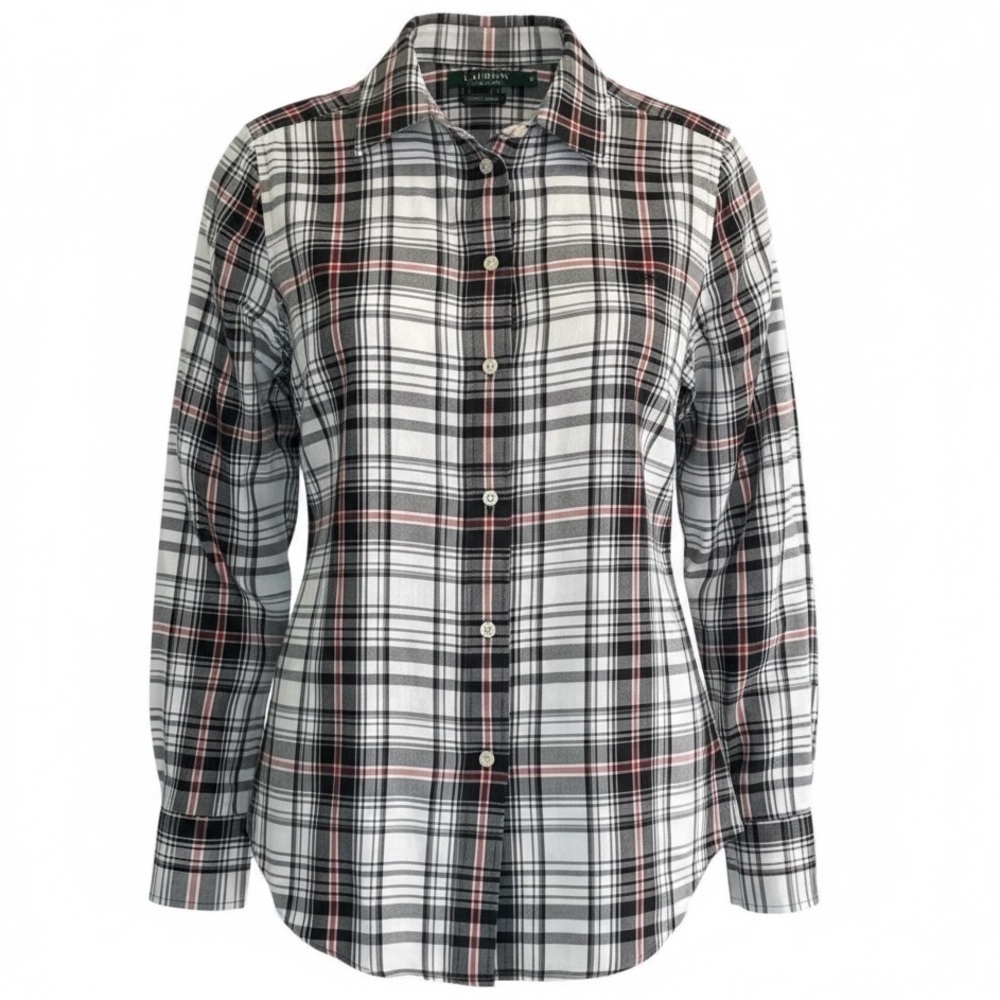 Lauren Ralph Lauren Plaid Non Iron Dress Shirt S White Black Red Blouse